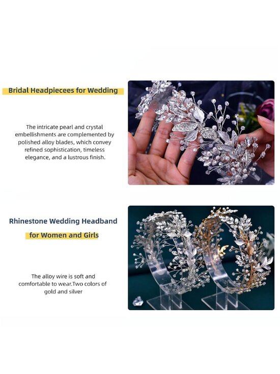 Women Silver Handmade Rhinestone Bridesmaid Leaf Crystal Bridal Fashion Headband main image 6